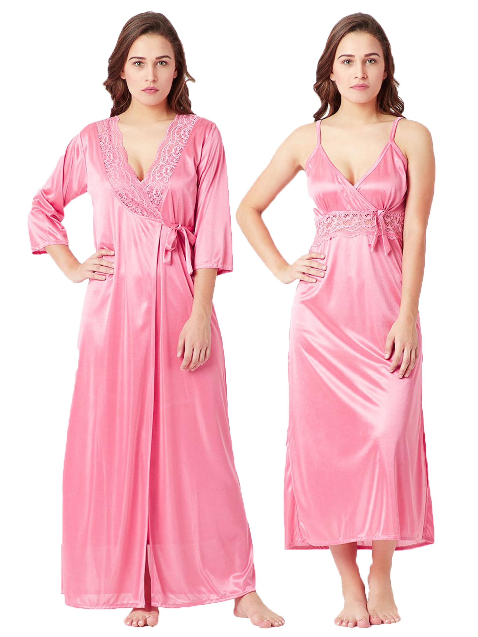 Women's Satin Solid Maxi Length Nighty with Robe (RN333-666_Pink_Free Size) (Nightwear Set Pack of 2)