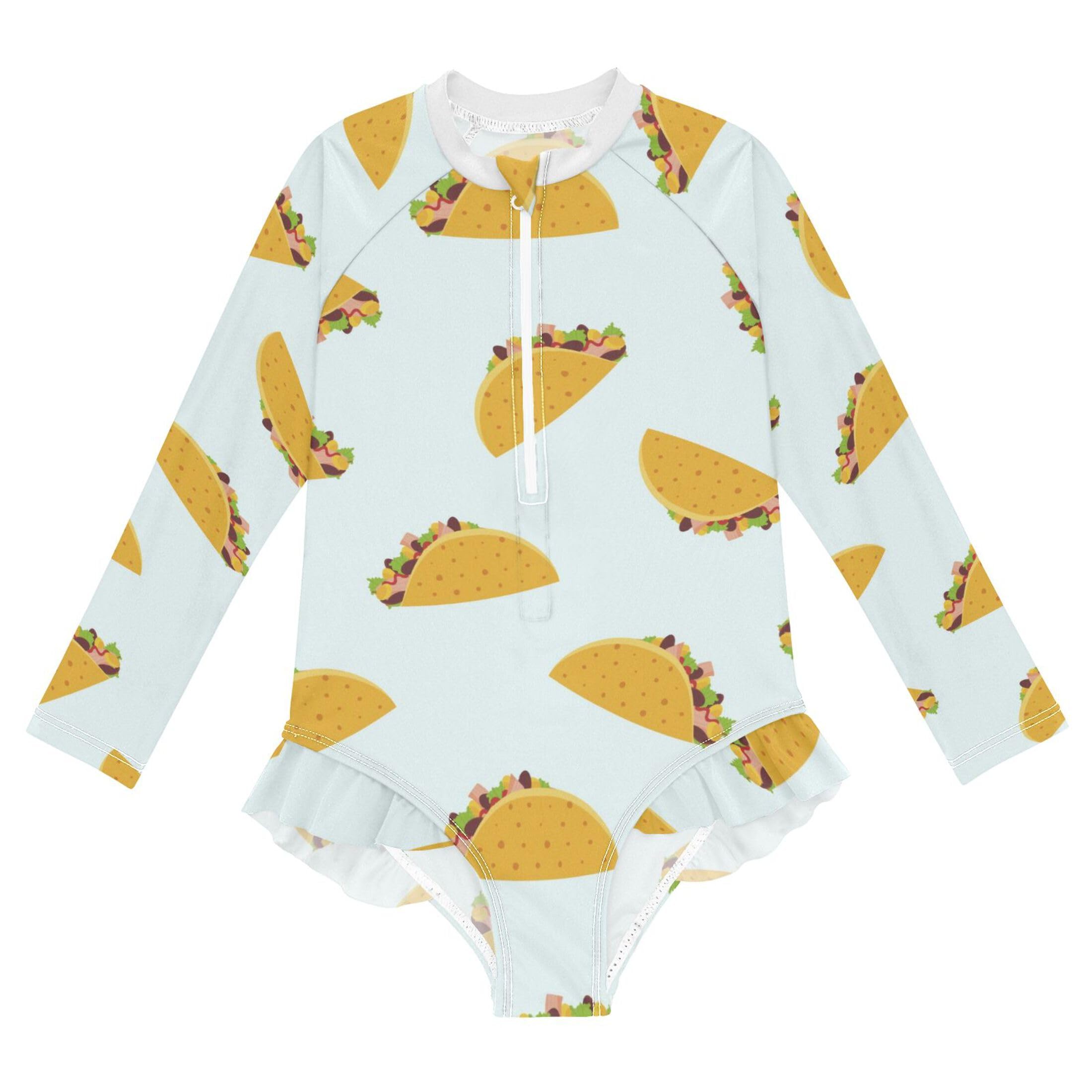 Vozoza Cute Cartoon Mexican Tacos Baby Girl Bathing Suit Long Sleeve UPF 50+ One Piece Toddler Swimsuit Size 3t Multicolor
