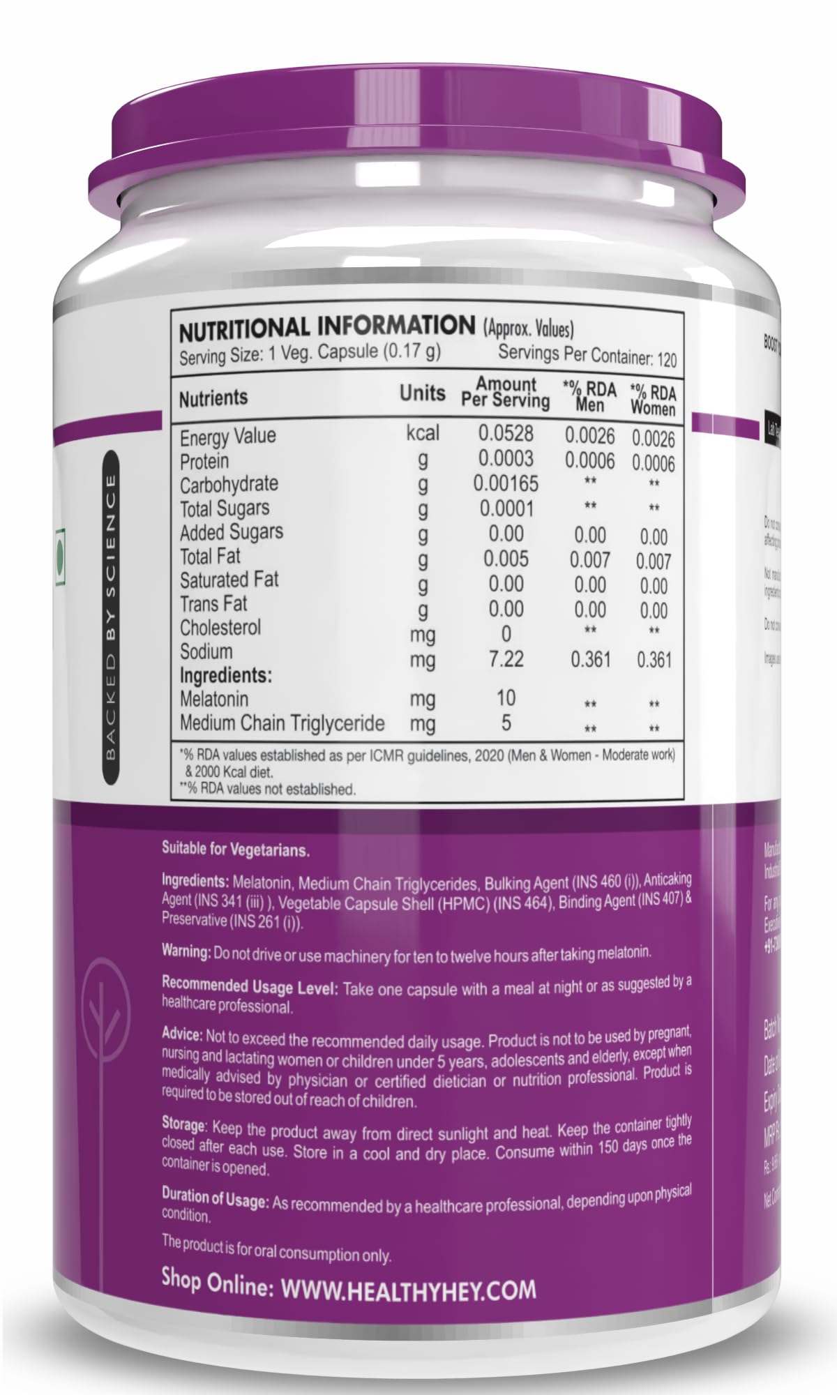 HealthyHey Nutrition Melatonin 10mg, Pack of 120 vegetable capsules - Promotes Sleep and Relaxation (10mg)