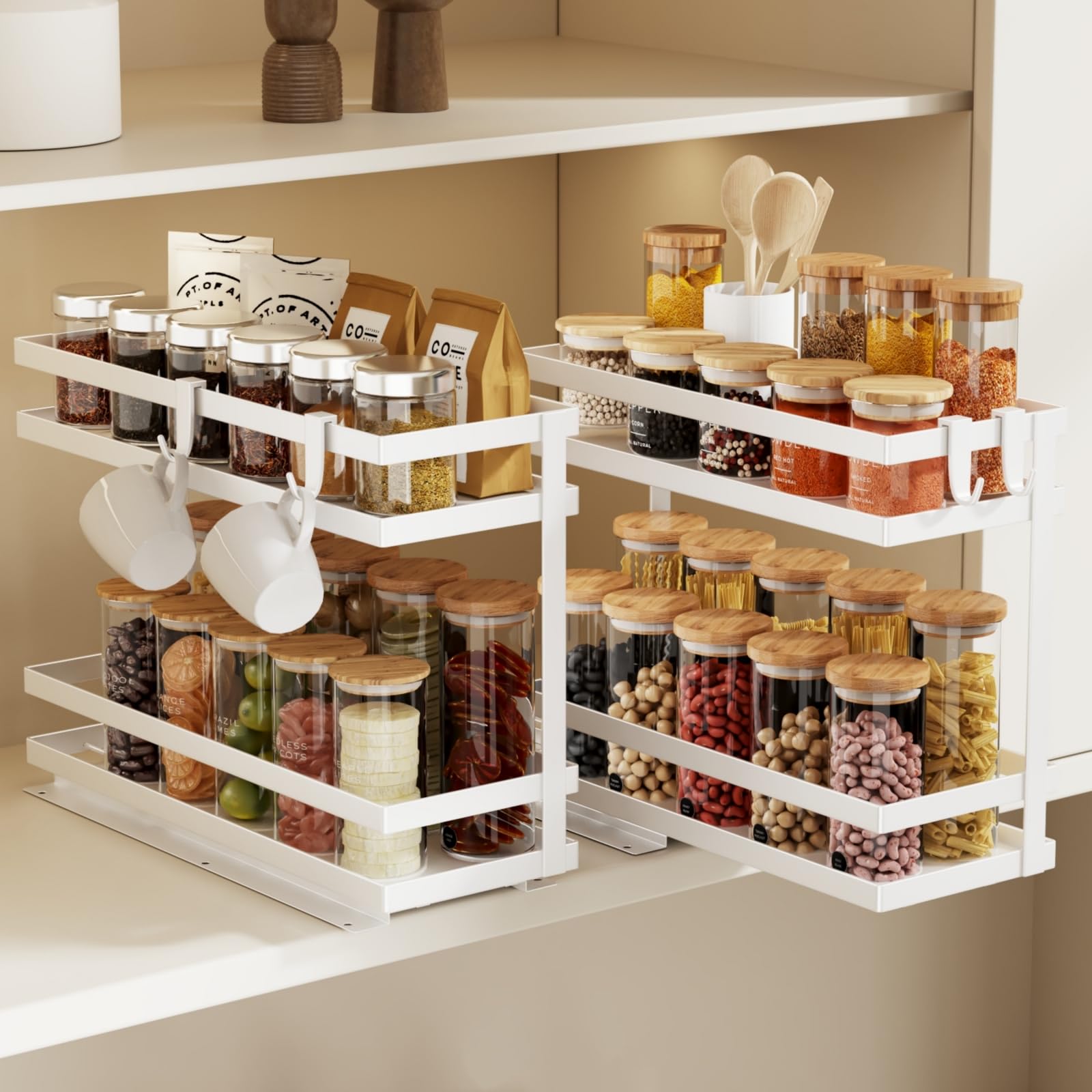 Magheo 2 Piezas Especiero Extraible para Cocina, Metal Organizador Especias No Se Permite La Reunión Organizador de Especias para Alacena Cocina Vertical Spice Rack Sin Taladro(2 Niveles,Blanco)