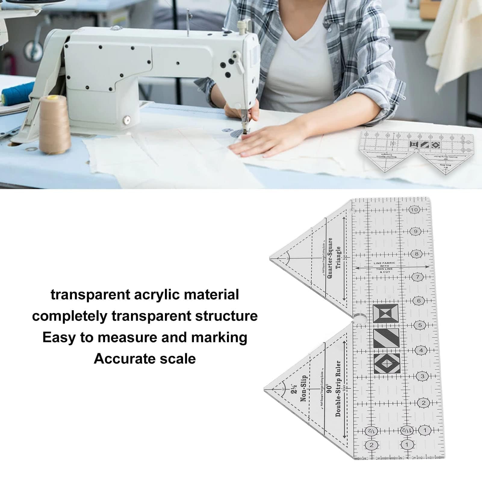 Ruler Grids 90 Degree Acrylic Double Strip Quilting, Clear 90 Degree Sewing Acrylic Triangular Hand 10in Sewing Cutting for Garment Designs Tailor's Tools