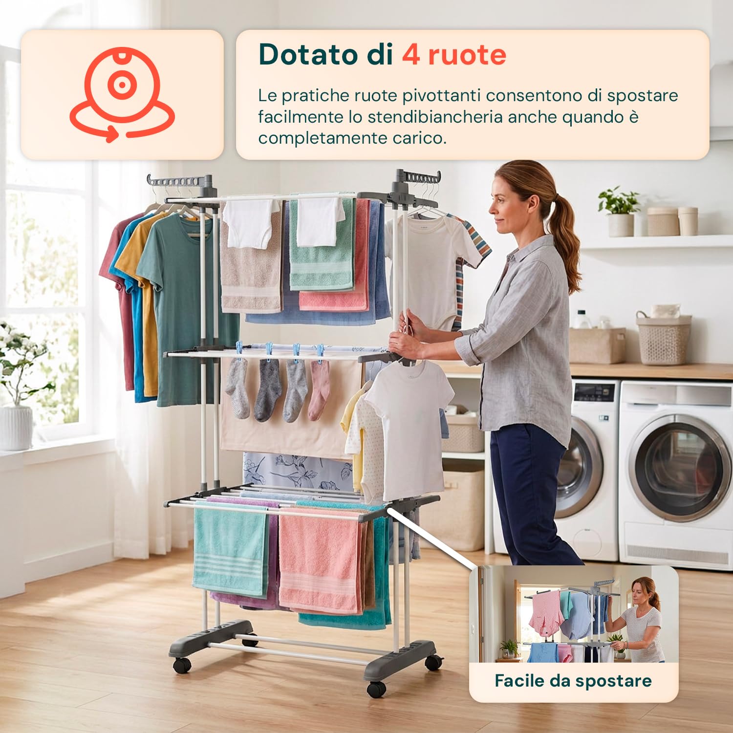 Avilia - Stendino Verticale 3 Livelli con Ruote Pivottanti – Stendibiancheria Verticale Salvaspazio PP+Ferro, 20 kg | Stendino Salvaspazio L105×P64×A173 cm, Bracci 29 cm (Grigio Scuro)