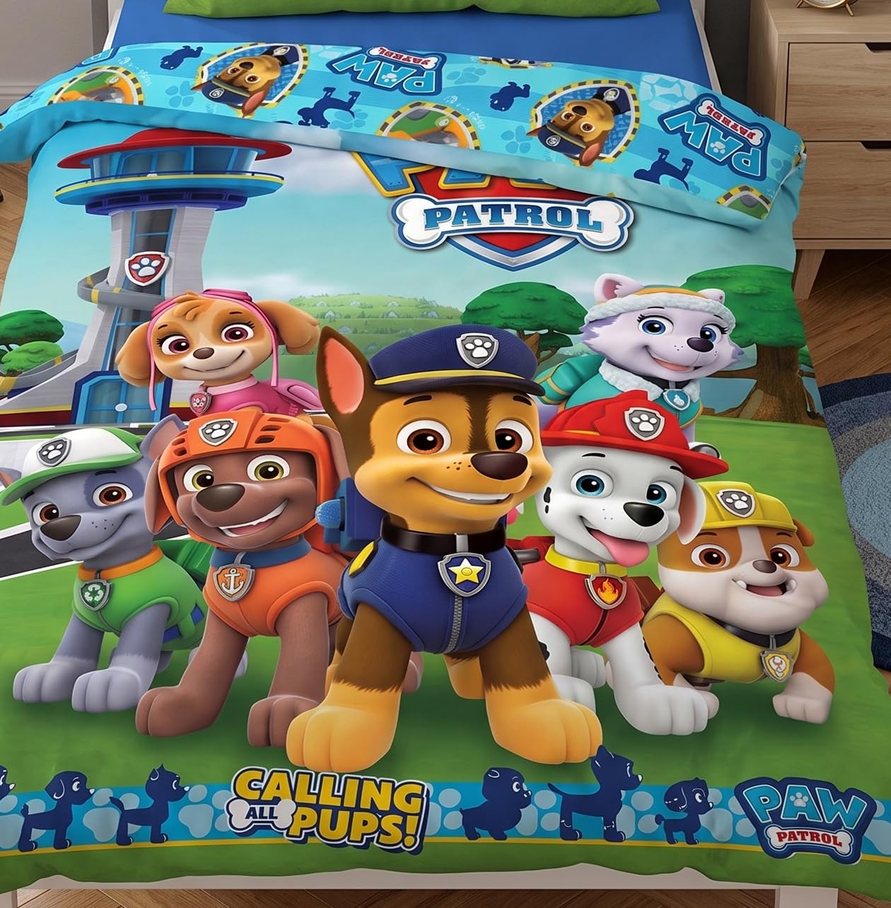 Paw Patrol Carbotex Bettwäsche Calling All Pups – Bettbezug 140 x 200 cm + Kissenbezug 65 x 65 cm | Wendebettwäsche Einzelbett | Naturbaumwolle atmungsaktiv | Nickelodeon | Kinder | Geschenk | Maschinenwaschbar