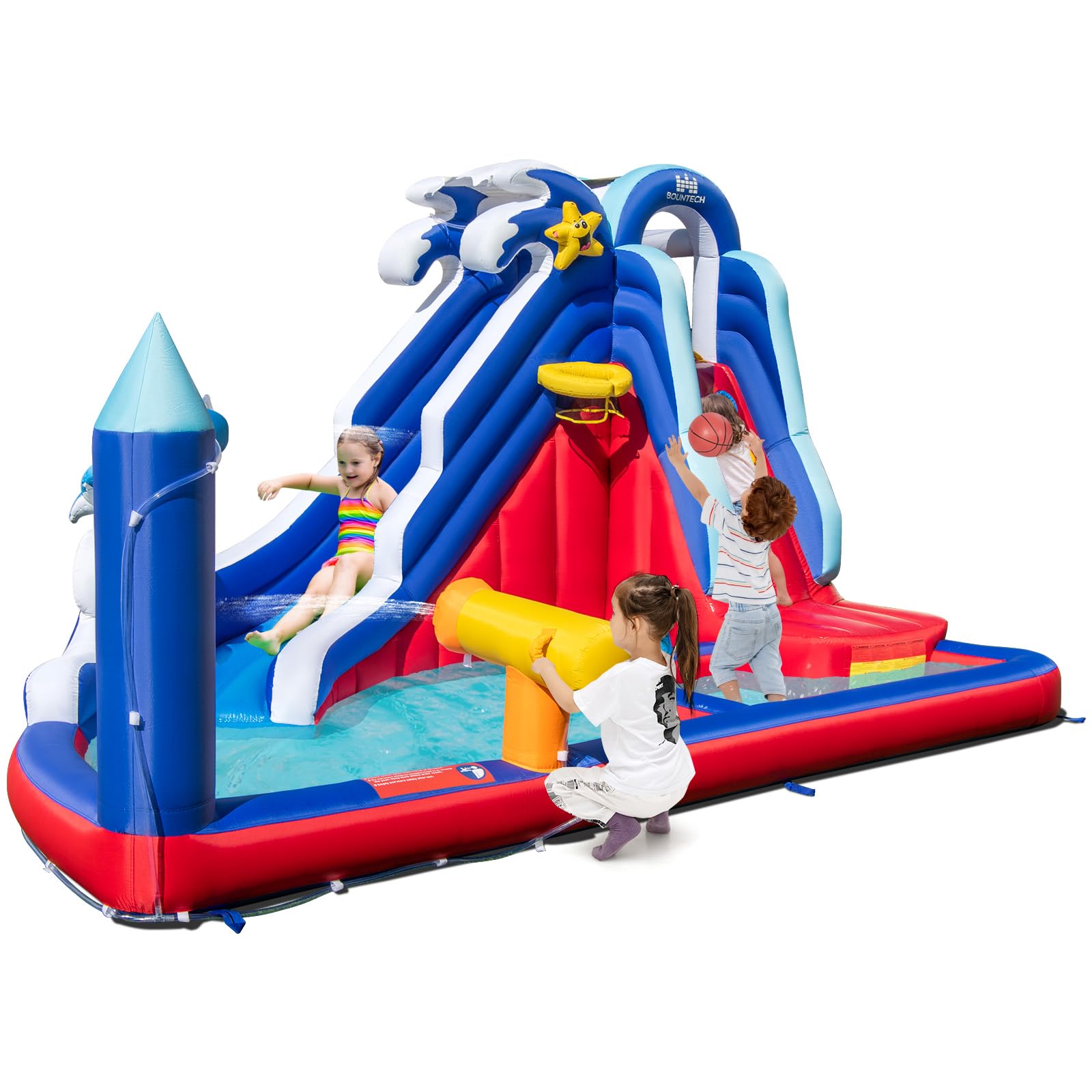 Castello Gonfiabile GYMAX Per Bambini 3-10 Anni – 380x340x245 Cm Con Scivolo, Canestro E Zona Salto