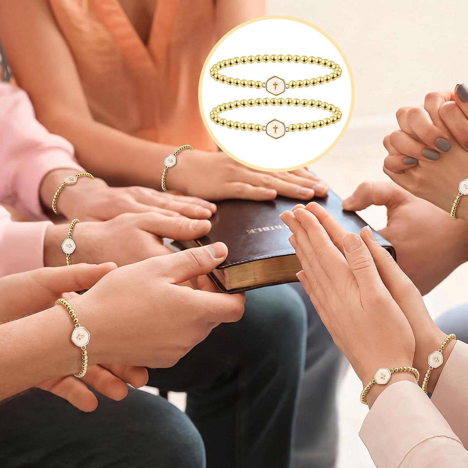 Tondiamo 24 Pcs Mothers Day Church Gifts Bulk Gold Faith Bracelets Women Jesus Christian Cross Bracelets Dainty Gold Beaded Charms Jewelry Stackable Religious Mothers Day Gifts Baptism Party Favors