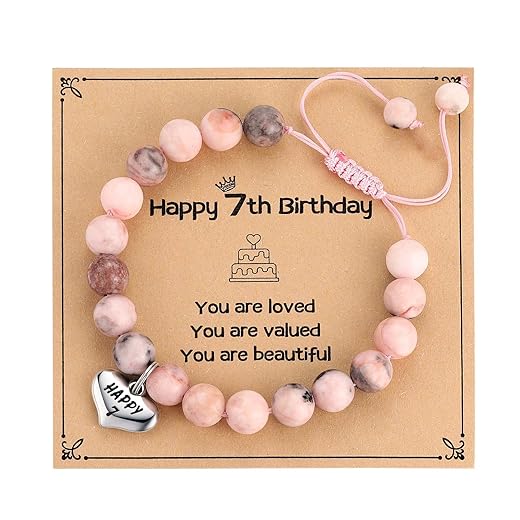 Happy 7th Birthday Bracelet Gifts for Girls, Turning 7 Years Old Birthday Pink Beads Braided Rope Bracelet for Daughter Granddaughter Niece, Bday Jewelry Age 7 yr Old Gifts, 6.3"-8.6" Adjustable, Gift Box