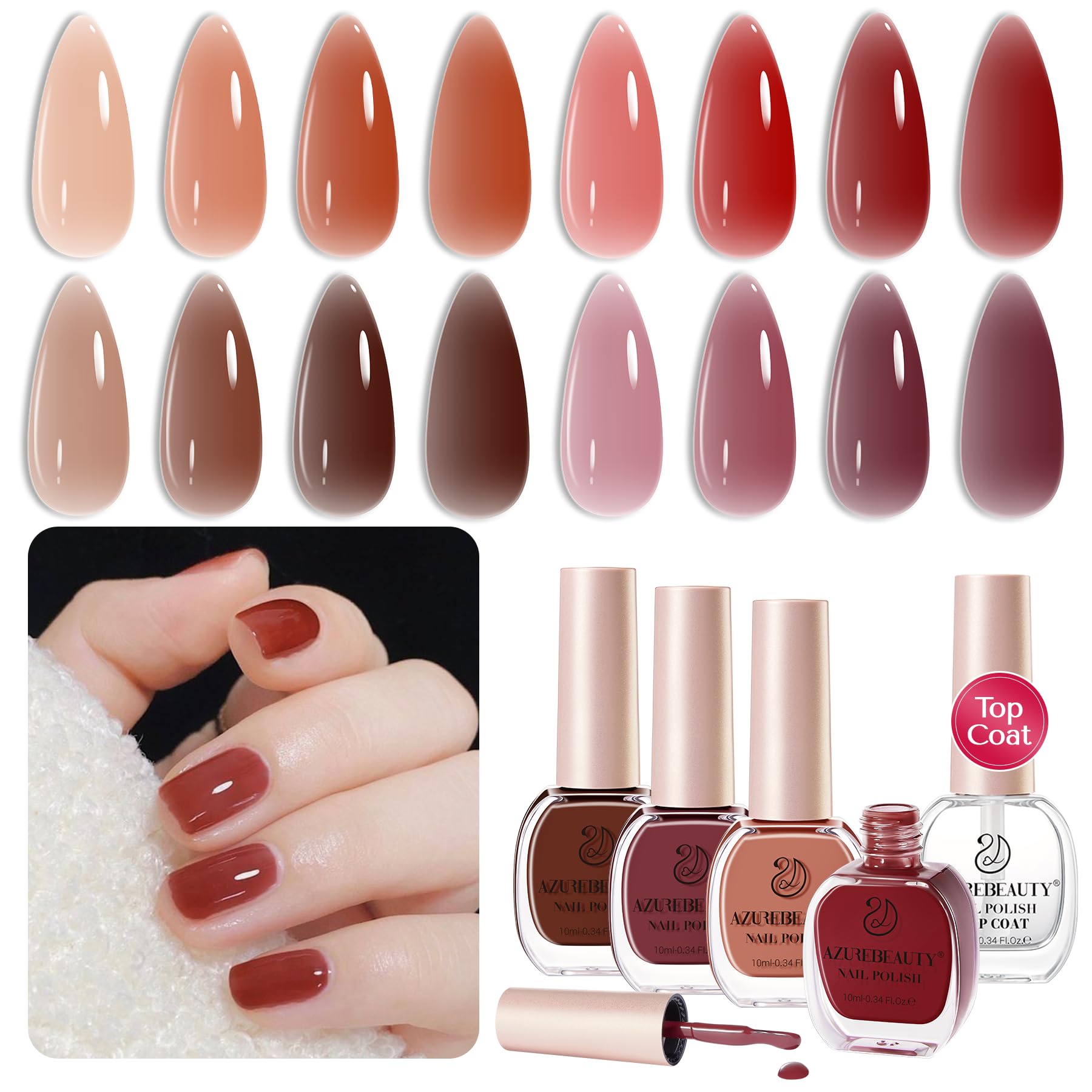 AZUREBEAUTY Jelly Nail Polish 4 Colors Sheer Red Quick Dry Nail Polish Set Natural Brown Purple Nail Polish Kit with Top Coat Transparent Long Lasting Nail Art Gift Women