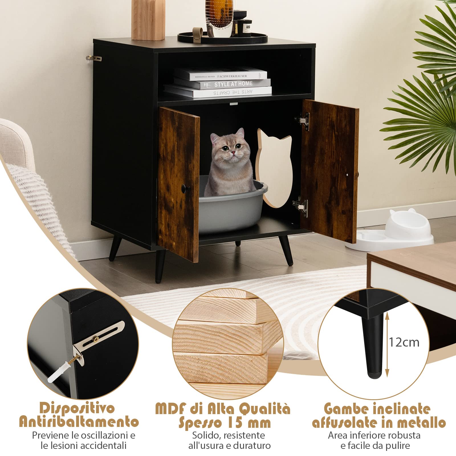 COSTWAY Mobile per Lettiera per Gatti, Casetta per Gatti con Ingresso, Gambe Inclinate e Scomparto Aperto, Tavolino in Legno Versatile per Salotto, 60 x 45 x 75 cm, Marrone e Nero