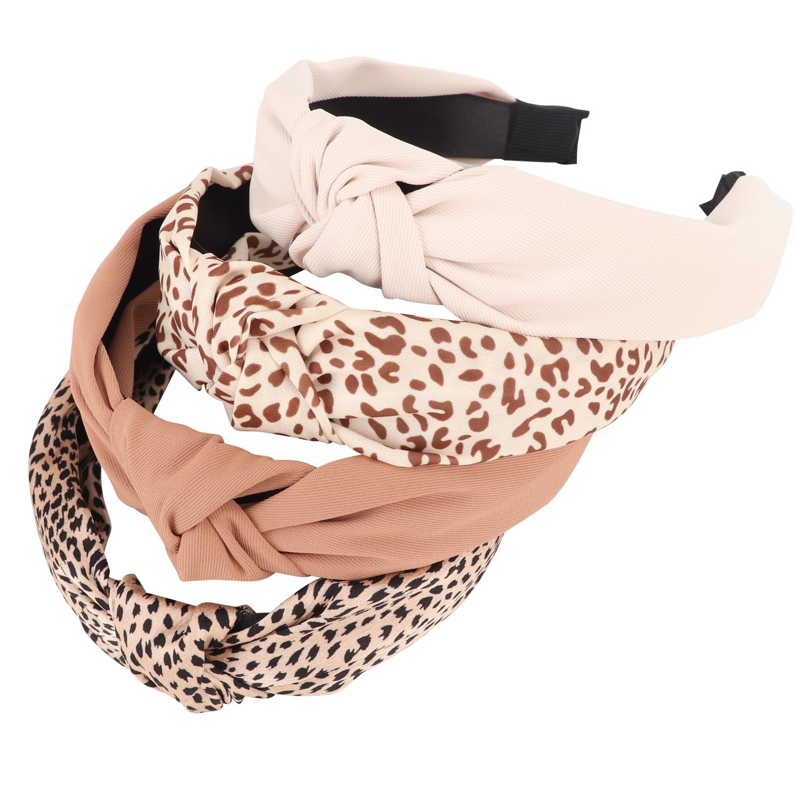 DRESHOW Knotted Headbands, Women Non Slip Fashion Headbands 4 Pcs, Printed and Solid Boho Wide Top Knot Hair Hoops for Women Girls Hairbands Hair