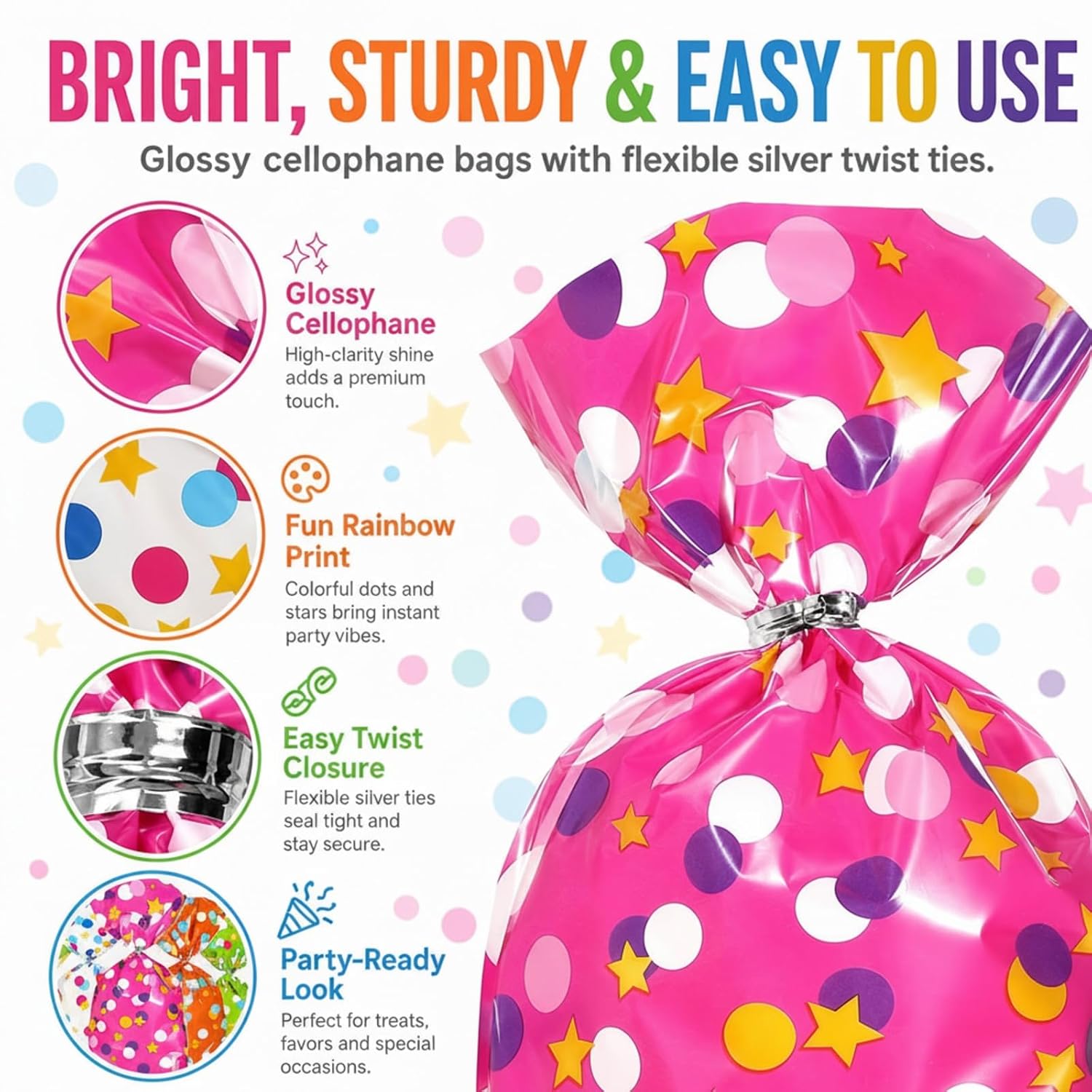 Pajean 100 Pcs Cellophane Treat Bags for Party Favors Decorations Polka Dots Goodie Star Treat Candy Bags with 100 Twist Ties Rainbow Stars Theme for Birthday Mother Weddings Supplies