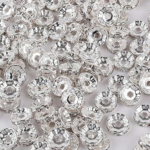Zenkeeper 108Pcs 8mm Silver-Plated Czech Crystal Rhinestone Rondelle Spacer Beads – Loose Craft Supplies for DIY Bracelet & Jewelry Making