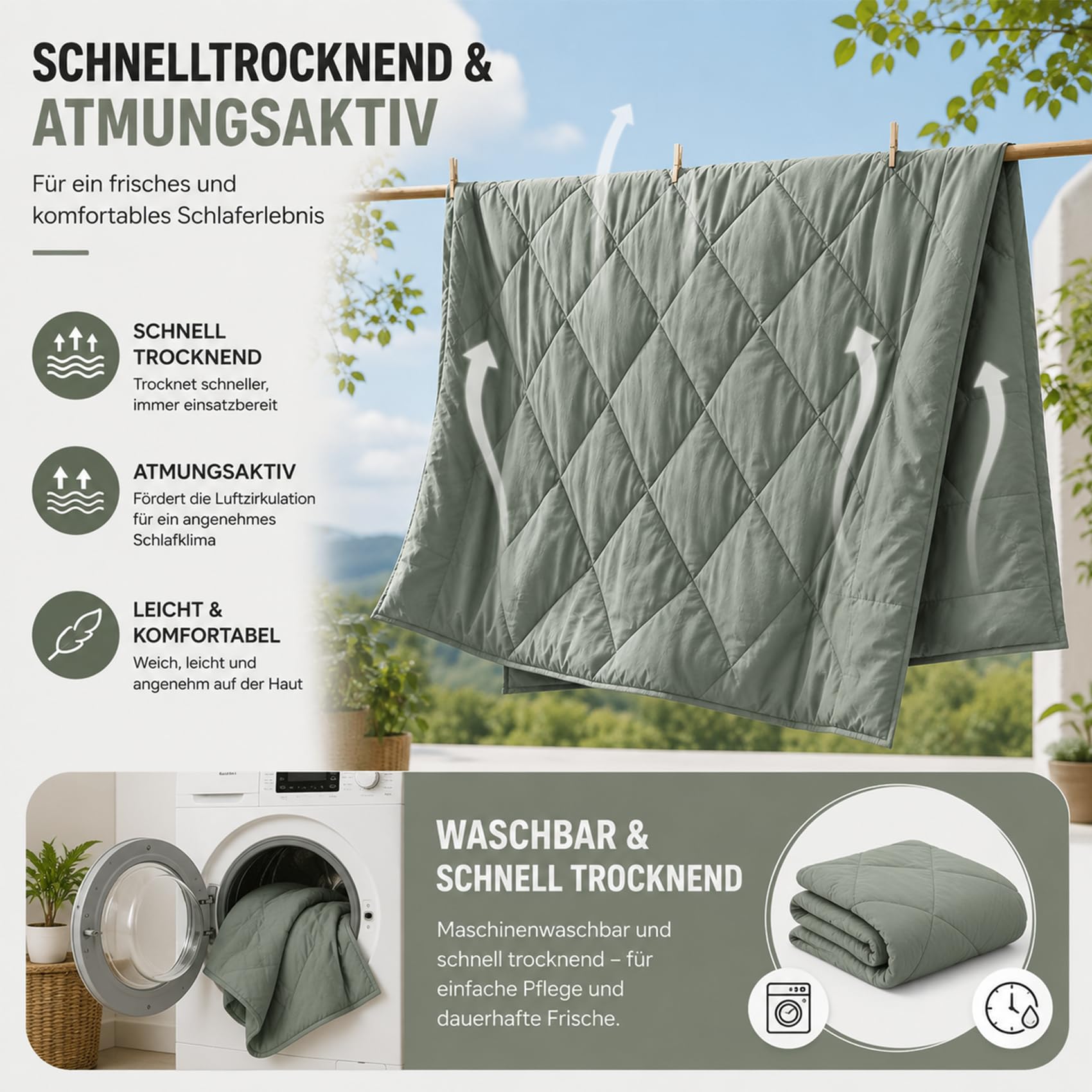 Magic Splashy Bettdecke, 2026 The Quick-Drying 2-In-1 Duvet, Weich und Atmungsaktiv, Maschinenwaschbar, Die BettwäSche üBerflüSsig Macht für Zuhause, Camping und Reisen (Khaki,135 * 200cm)