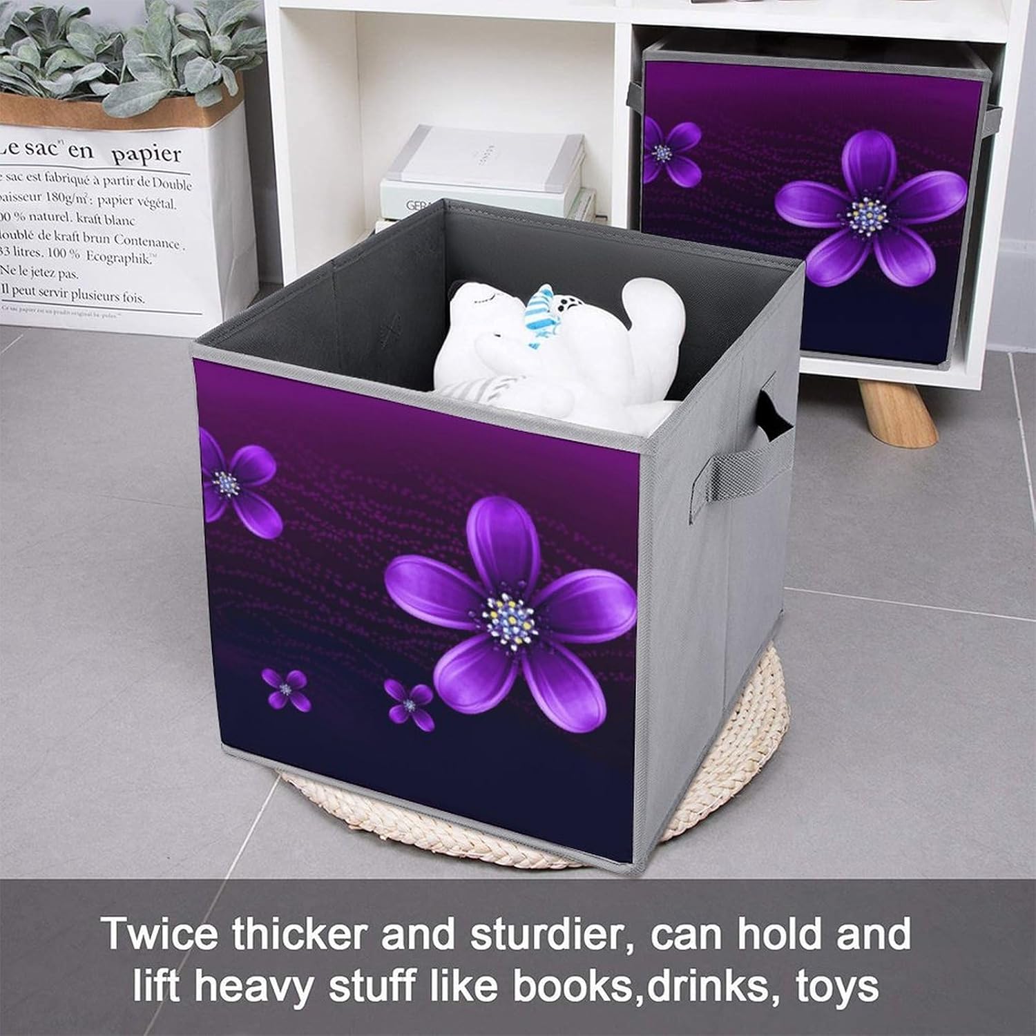 Purple Flower Storage Cubes Set of 6 Storage Bins with Handles Collapsible Storage Basket Fabric Storage Box for Shelves Large Closet Shelf Organizer for Organization 11 Inch