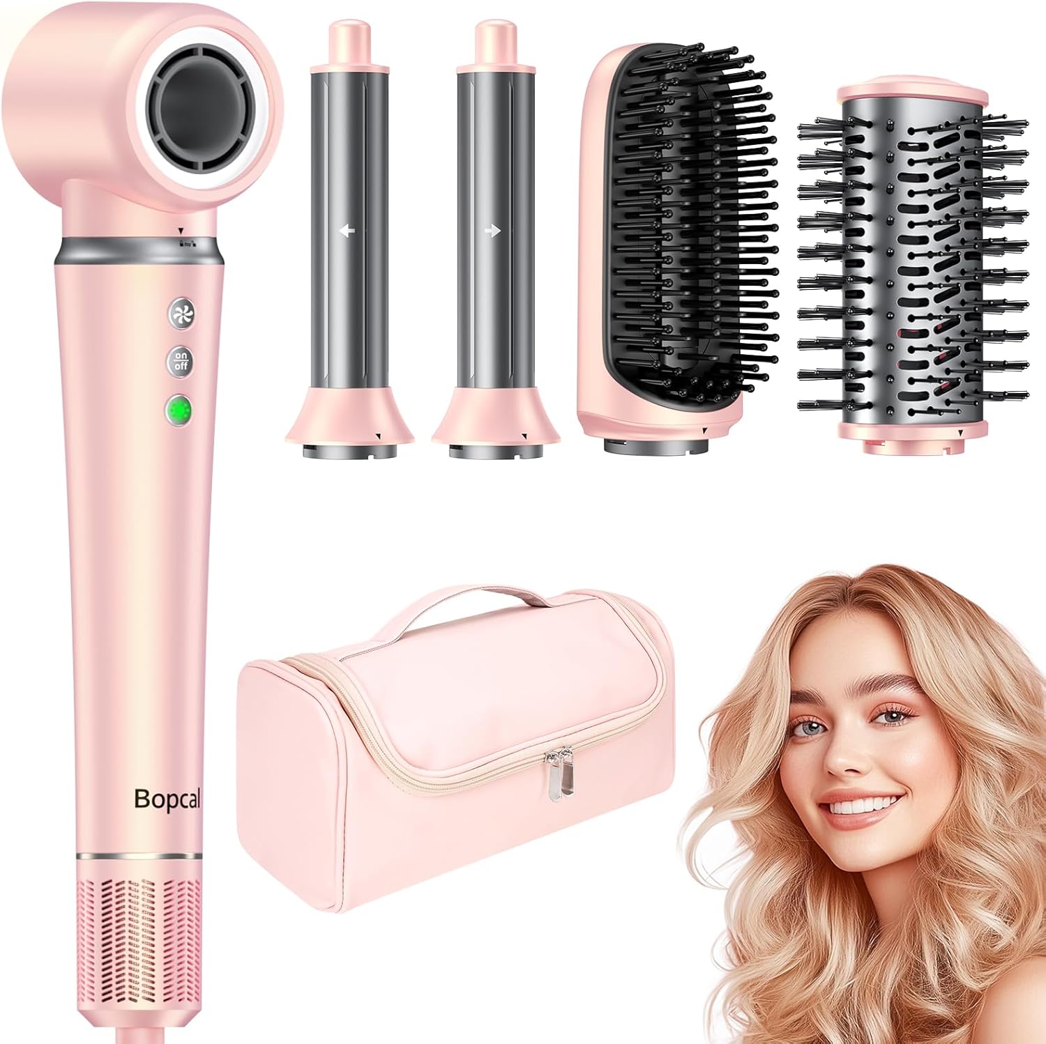 Bopcal Air Styler 5 in 1 Asciugacapelli con Sacchetto - Professionale Phon Capelli 160000 RPM，Arricciacapelli Automatico 32MM, Spazzola Aria Calda con 500 Milioni Ionico, Volumizzant, Liscio, Regali