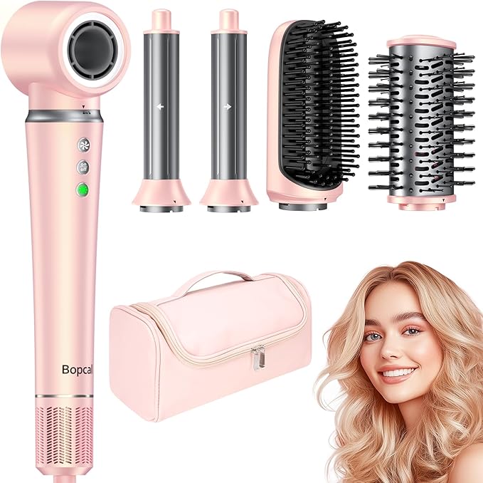 Bopcal Air Styler 5 in 1 Asciugacapelli con Sacchetto - Professionale Phon Capelli 160000 RPM，Arricciacapelli Automatico 32MM, Spazzola Aria Calda con 500 Milioni Ionico, Volumizzant, Liscio, Regali
