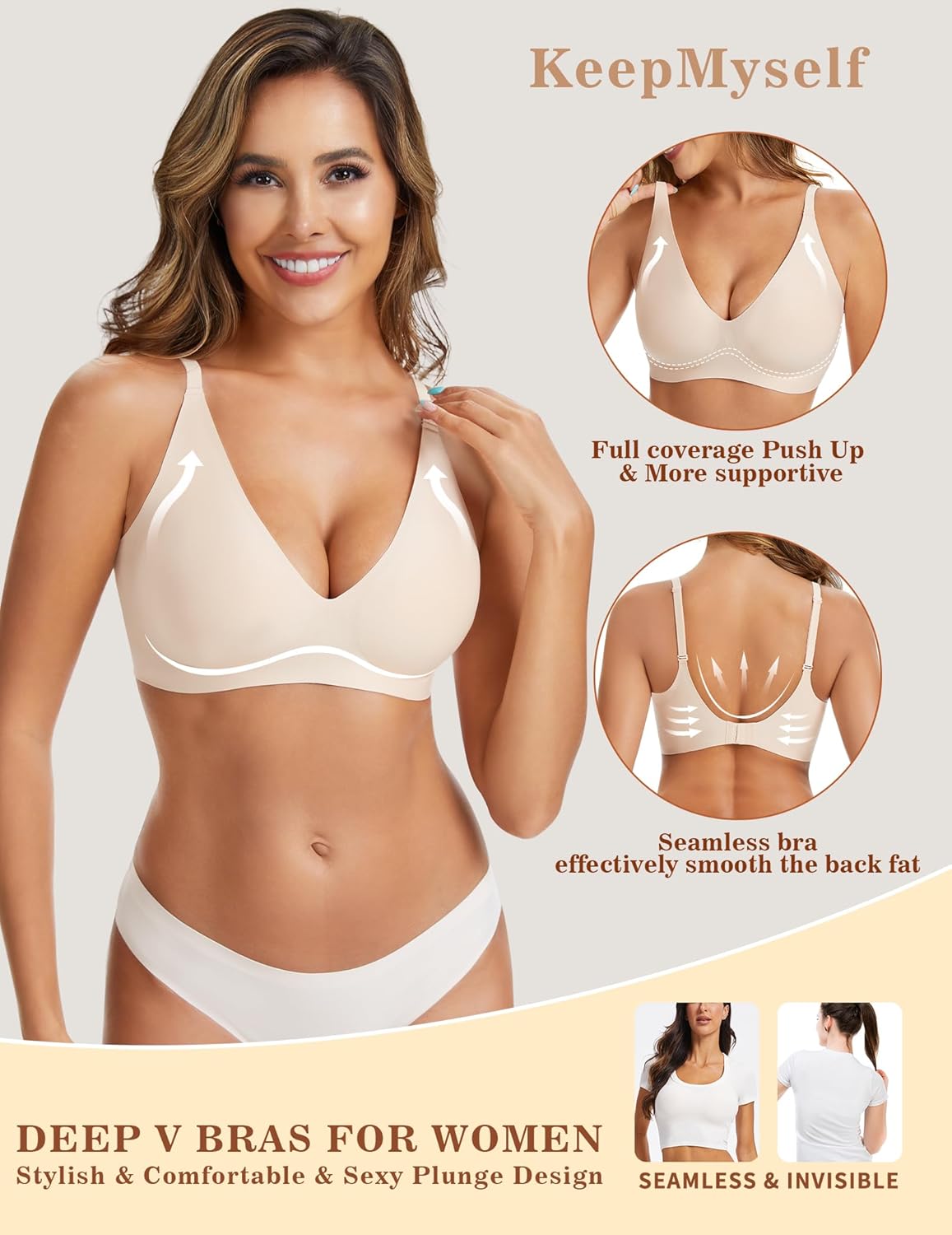 Seamless Deep V Push Up Wireless Bra for Women - Wire Free Plunge Bralette Comfort, No Underwire Tshirt Bra Soft Support, Back Smoothing & Lift for Daily Wear - Nude M - Image 2