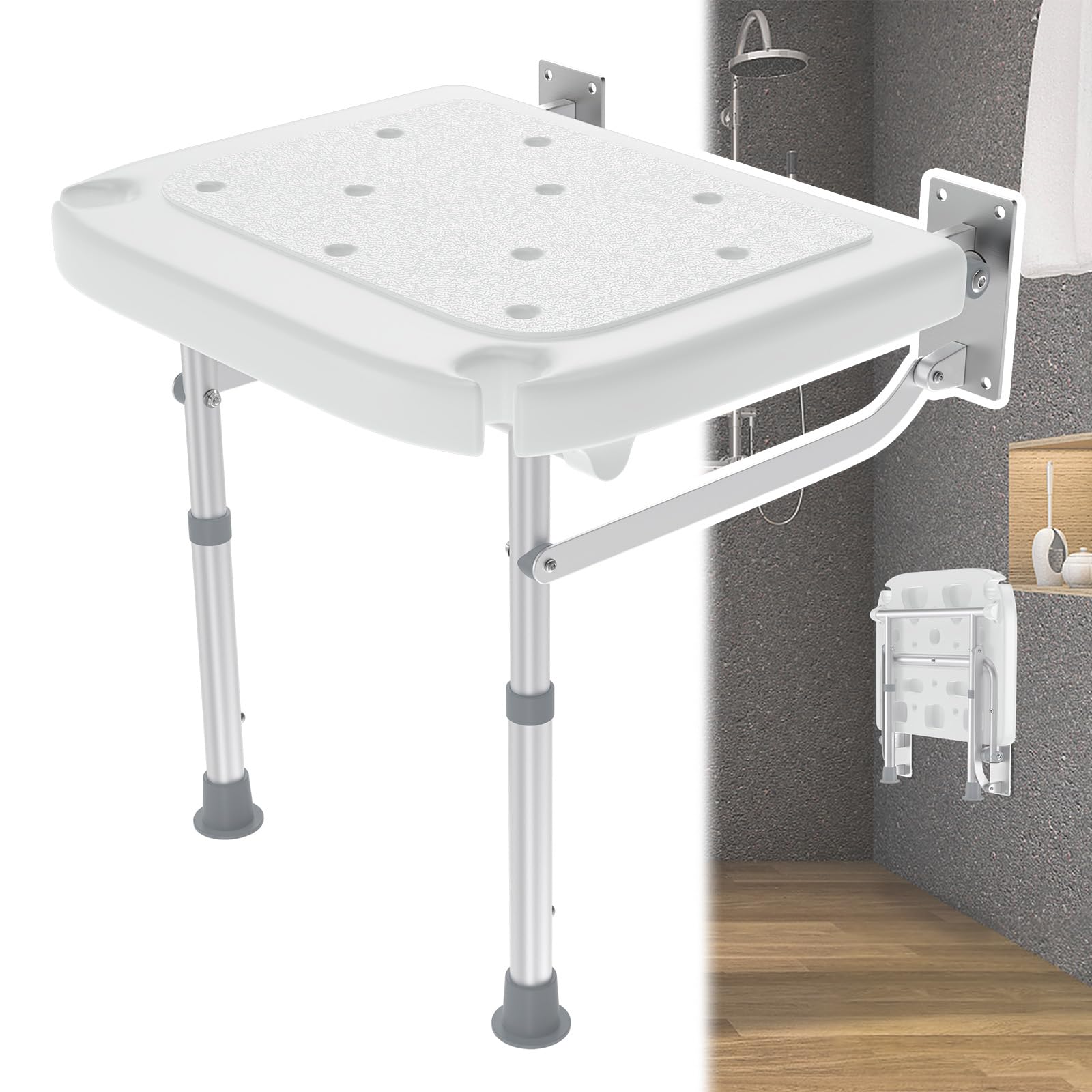 NAIZY Duschsitz Wandmontage Duschhocker Klappbar 42-52 cm Höhenverstellbar mit rutschfeste Gummifüße & Drainagelöcher Badhocker Klappsitz Duschhilfe, Max bis 200 KG