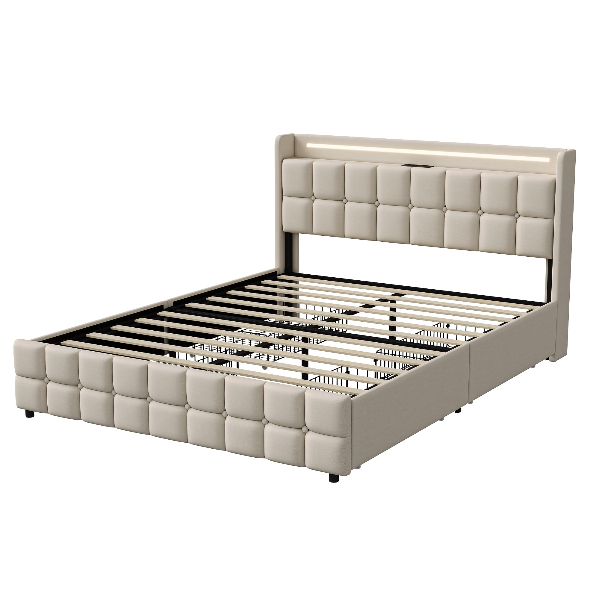 Cama Tapizada 180x200, Cama Doble con 4 Cajones, Cama Doble Tapizada con Somier, Cama Acolchada con USB y Luz LED, Marco de Cama con Cabecero, Cama de Matrimonio (Beige, Lino A, 180 × 200 cm)