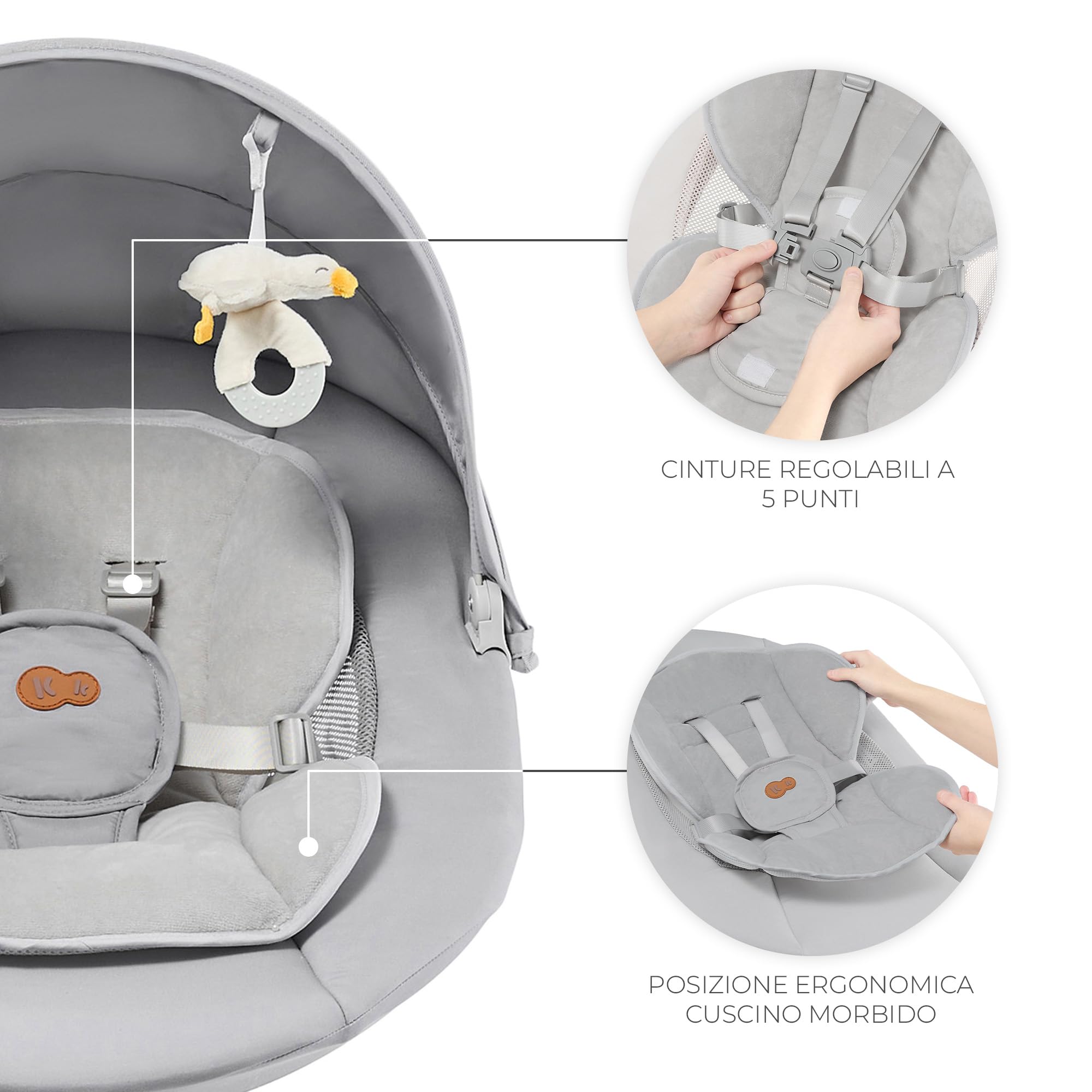 Kinderkraft TULSY - Bouncer elettrico a dondolo, automatico a 5 livelli, timer 8/15/30 min, pannello touch o telecomando, Bluetooth USB, 12 melodie, 3 reclinabili, imbracatura a 5 punti, zanzariera a