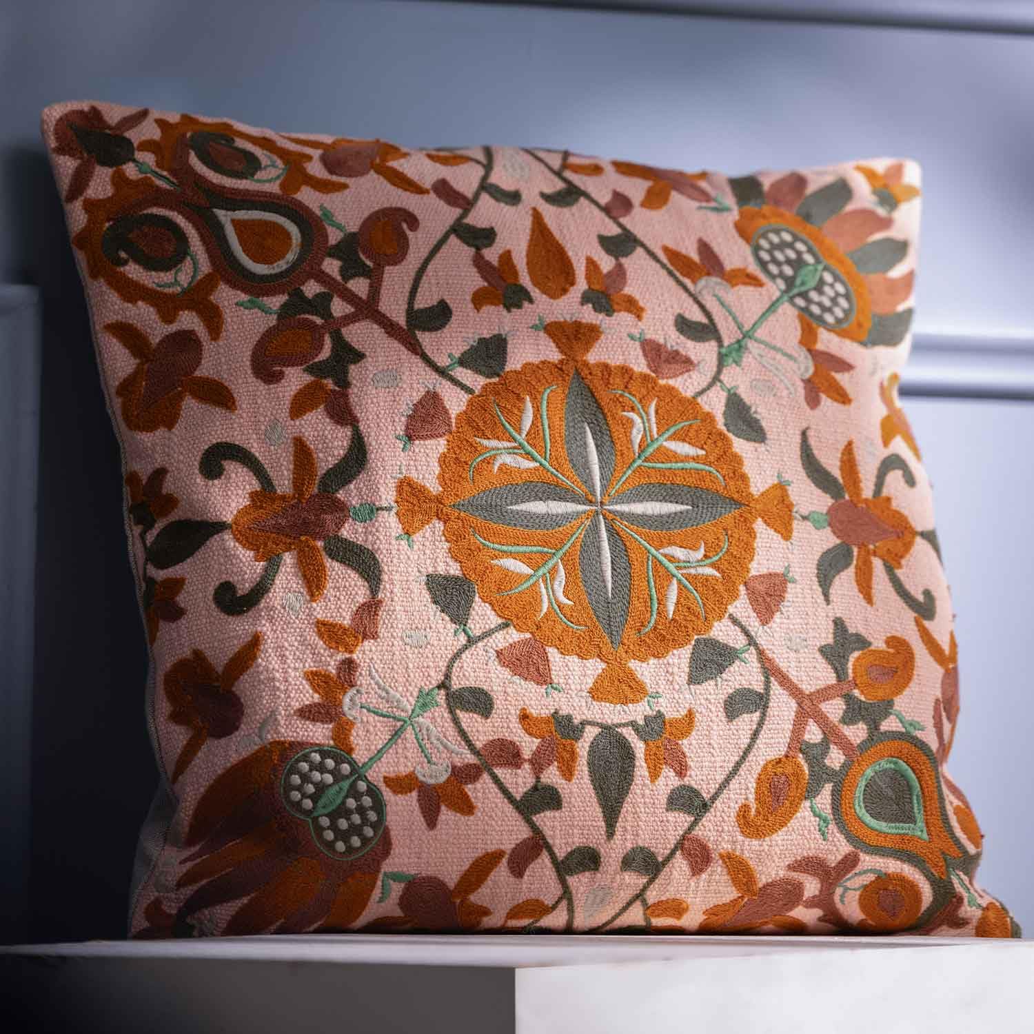 OBEETEE | Bukhara Cotton Slub Embroidered Cushion Cover | 18 x 18 | Set of 1