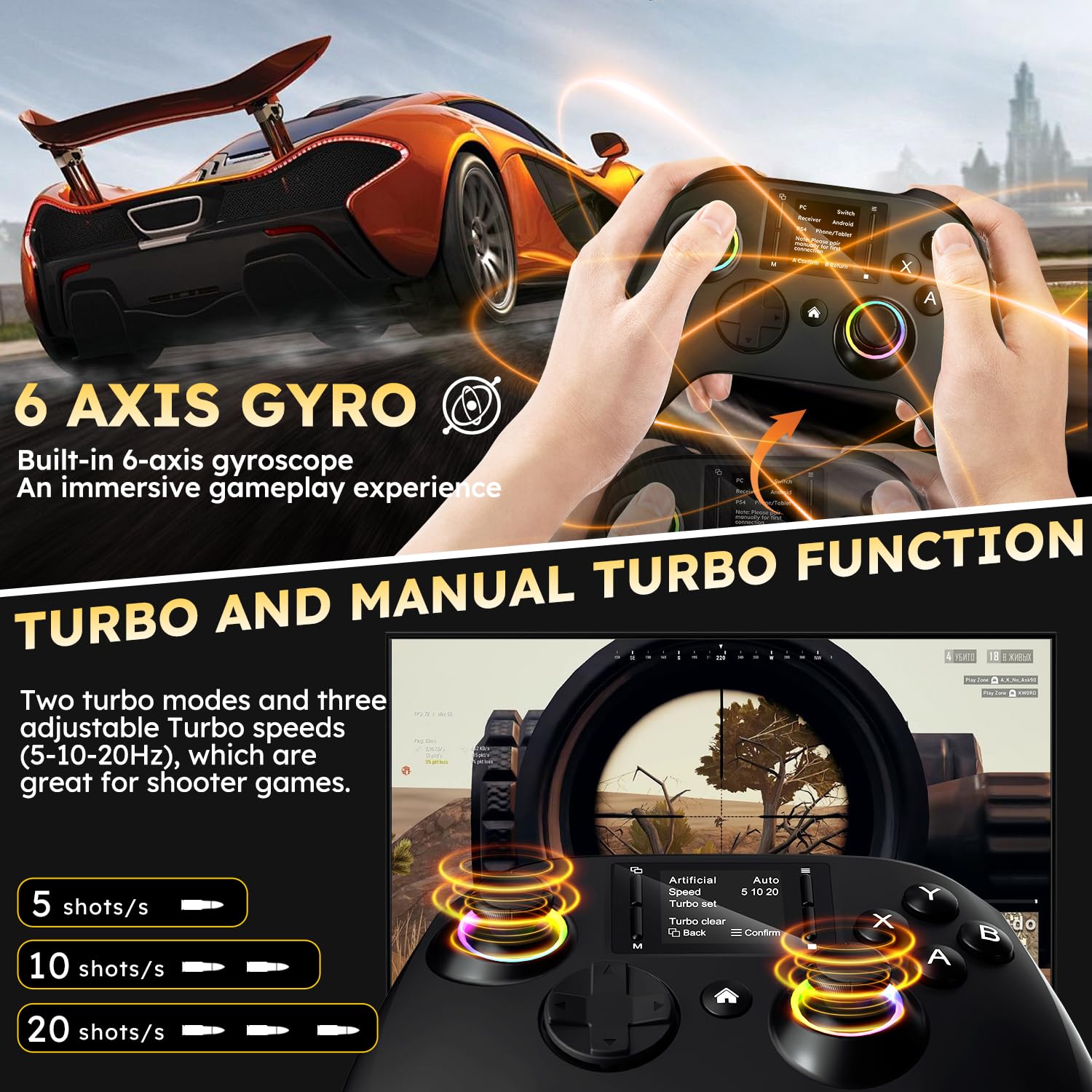 Wireless Gaming Controller with Interactive Screen, 4 Programmable Buttons, Turbo, 6-Axis Gyro, Dual Vibration, RGB Lighting, 1000mAh, for PC/PS4/Switch/Android/iOS