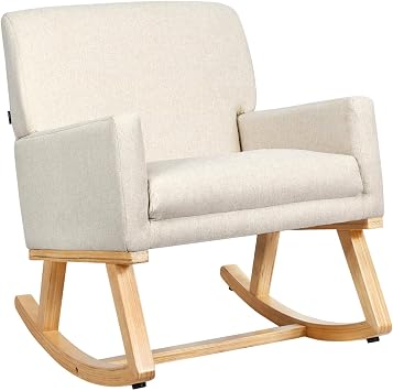 Nightcore Modern Fabric Rocking Chair, Soft Sofa w/Wooden Rocking Base, Relax Rocker Chair w/Safe Tilt Degree for Family, Perfect for Indoor & Outdoor Use Beige