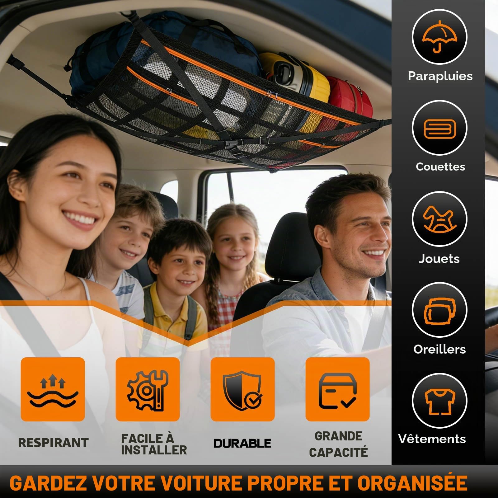 Filet de Rangement pour Toit de Voiture, Filet Plafond 90x65 cm | Organiseur Élastique en Maille avec Sangles Réglables et Poches Zippées, Grand Sac Universel pour Voiture, SUV, Van