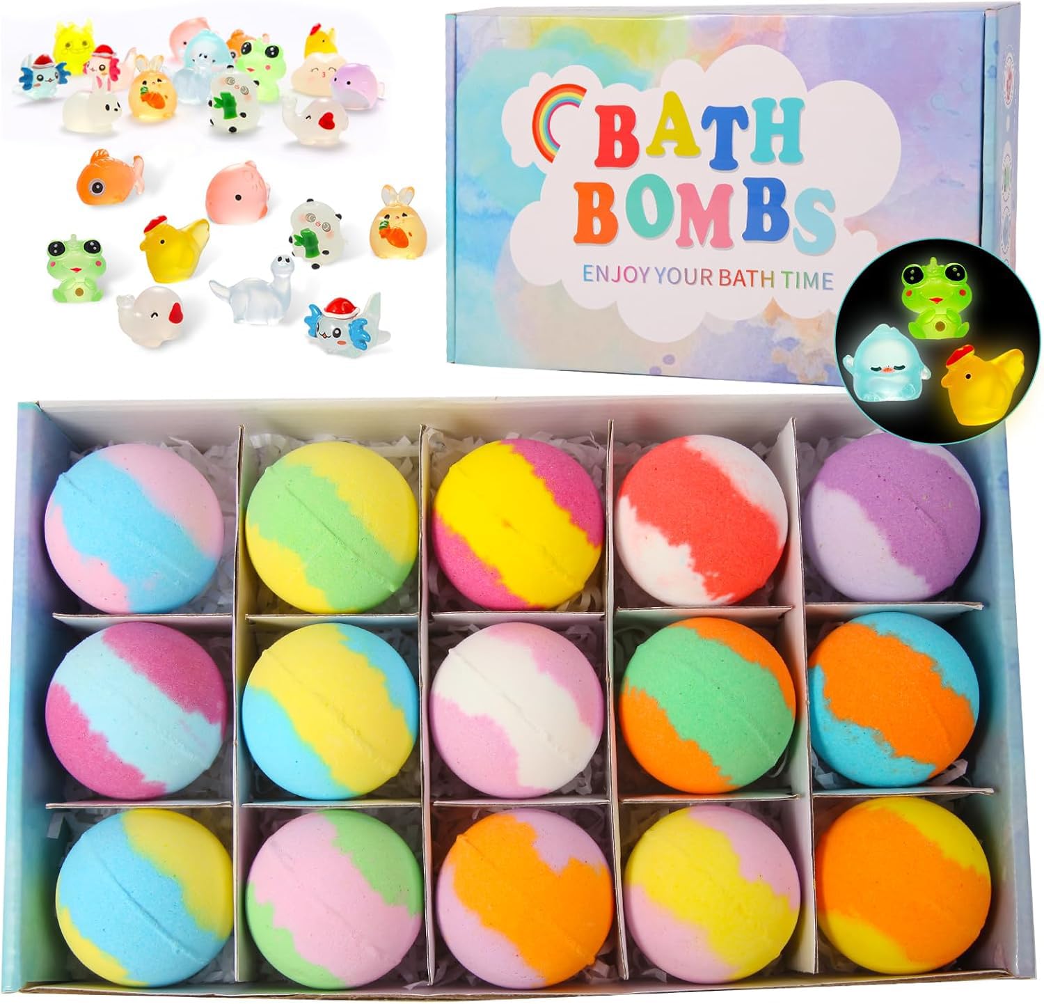 Bath Bombs for Kids, 15 Pcs Bath Bombs with Glow in The Dark Surprise Inside, Natural and Organic Colorful Bubble Bath Fizz for Girls Boys, Child-Safe, Fun & Educational, Ideal Gift
