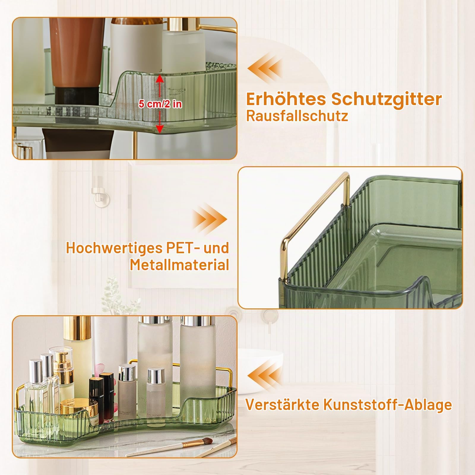 SHANNA Eckiger Make Up Kosmetik Organizer: Verstellbarer Organizer mit Großer Kapazität, für Lippenstifte, Lidschatten und Pinsel, Aufbewahrungsbox für Schminktisch oder Kommode (3 Etagen, Grün-B)