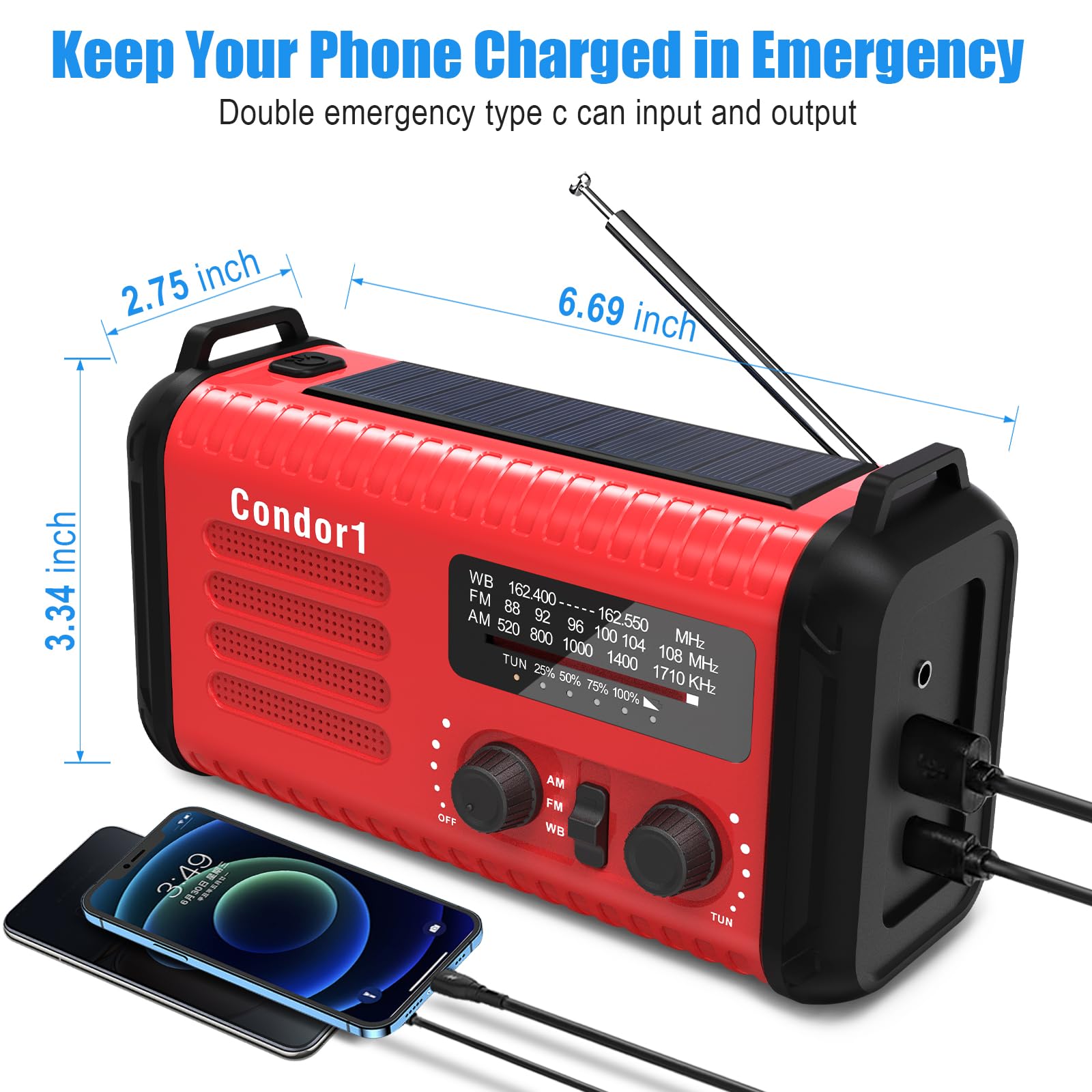 Radio di emergenza da 20.000 mAh, con manovella a energia solare, radio AM FM NOAA, batteria ricaricabile, allarme SOS, torcia elettrica, lampada da lettura per casa e emergenza all'aperto (rosso)