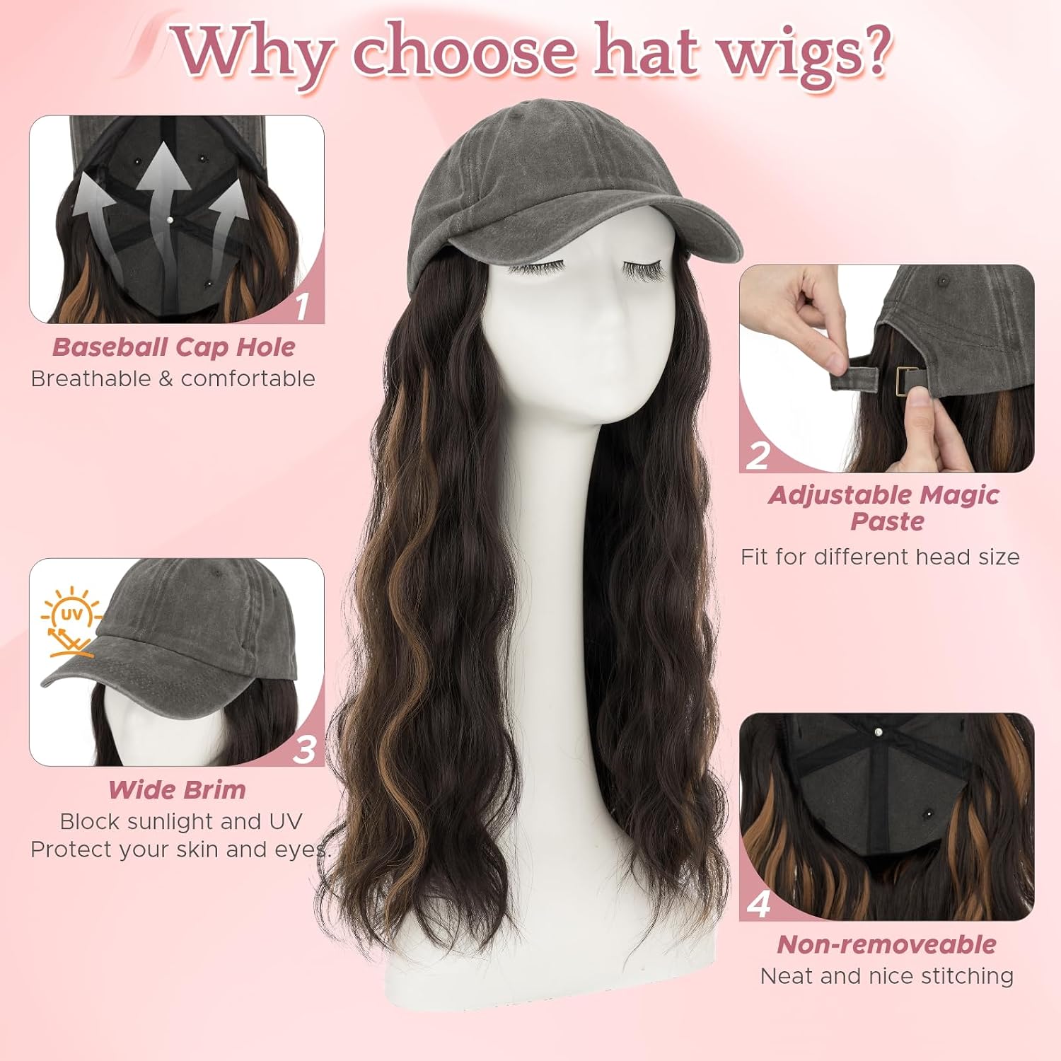 SEGO Hat Wigs, Hat with Hair Attached for Women Soft Denim Cap Wigs Long Wavy Curly Adjustable Baseball Cap With Hair Extensions -Gray 18"-#4P27 Brown Mix Dark Blonde