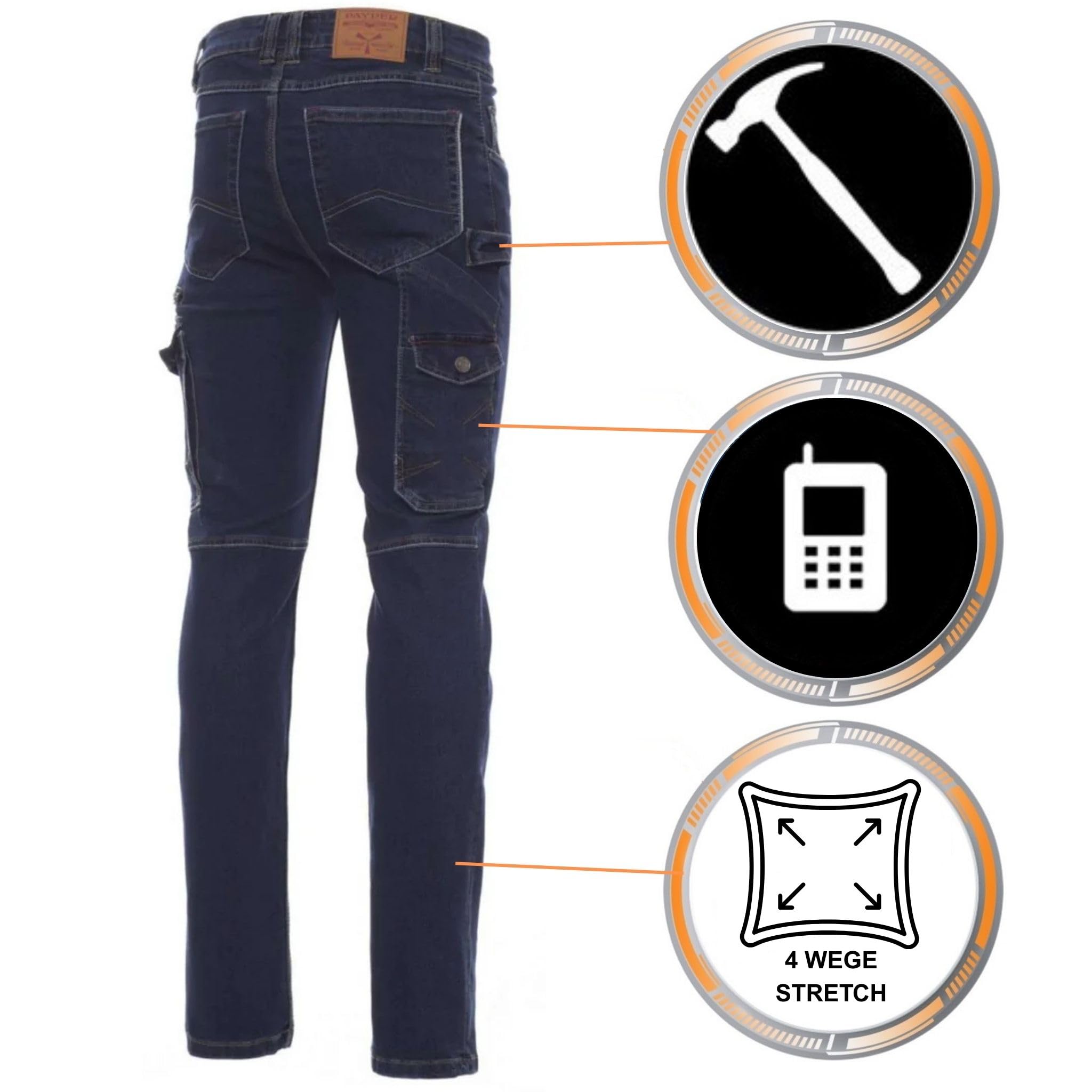 Jeans Arbeitshose Herren Stretch Bundhose Slim Fit Denim Cargohose 8 Taschen Handytasche Zollstocktasche Hammerschlaufe Arbeitskleidung Männer Berufskleidung Handwerk Bau KFZ Werkstatt Garten Freizeit