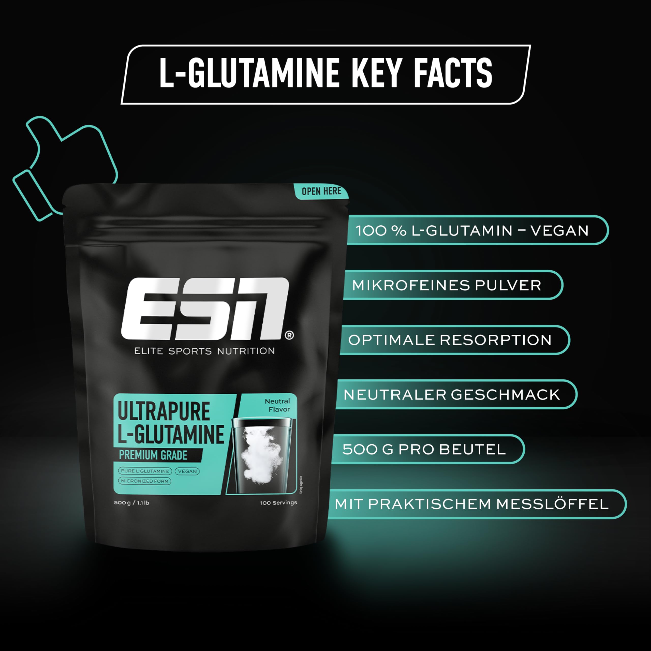 ESN Ultrapure L-Glutamine Powder, 500 g Pulver, 5000 mg Glutamine pro Portion, mikrofein, Aminosäure