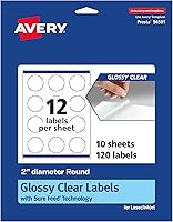 Vista 1 de Avery Glossy Clear Round Labels, Sure Feed Technology, 2" Diameter, 120 Glossy Clear Labels, Print-to-The-Edge, Laser/Inkjet Printable