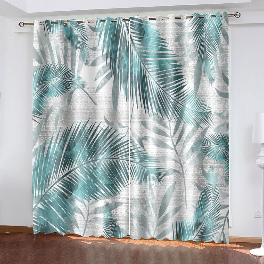YELDAN Palm Leaf Curtains, Tropical Plants Blackout Curtains for Living Room Bedroom, Thermal Insulated Grommet Drapes, Decorative Patterned Window Treatments, 96 Inch Length 2 Panels