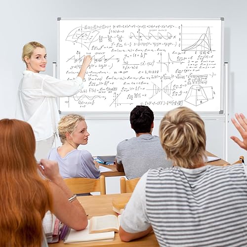 Miniatura 7 de Pizarra blanca rodante grande sobre ruedas de 72 x 36 pulgadas, pizarra blanca móvil magnética de doble cara con soportes, pizarra blanca de pie con