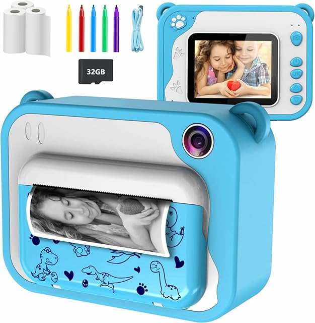 aparat cyfrowy dla dzieci, aparat z funkcją wydruku, aparat natychmiastowy, 1080p, ekran o przekątnej 2,0", czarno-biały, z kartą pamięci 32 GB, 3 rolki papieru do drukowania, 5 kolorów pisaków pędzelkowych, dla