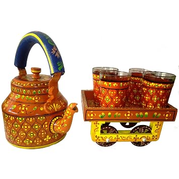 iHandikart Handicrafts Handpainted Tea Kettle with 4 Glass 1 Thela Cart (Multicolour)