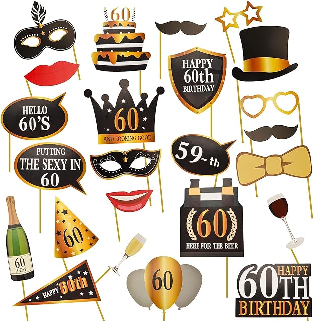 AIBAOBAO 60th Birthday Photo Booth Props, 24Pcs Glitter 60th Birthday Decorations for Men Women, Funny DIY Kit 60th Birthday Props Party Supplies Decoration and Favors