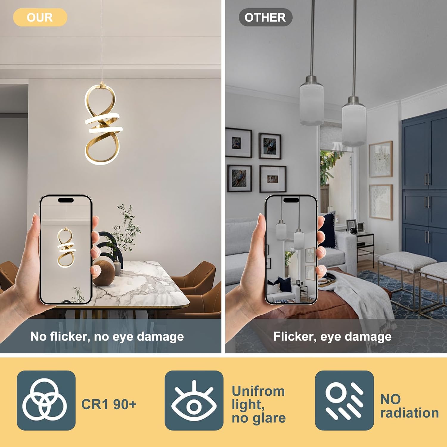 EIDISUNY Modern Led Pendant Light Fixture, 15W LED Pendant Lights Kitchen Island, 4500K Daylight White Pendant Lamp, Adjustable Height Gold Pendant Light for Kitchen Dining Room Bedroom(Gold)
