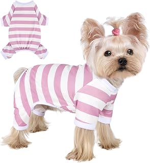 Dog Pajamas, Stretchy Puppy Jammies Onesie, Comfy Doggie Striped Pjs, Lightweight Soft Puppy Outfit, Dogs Clothes for Small Size Girl Boy(Light Pink,M)