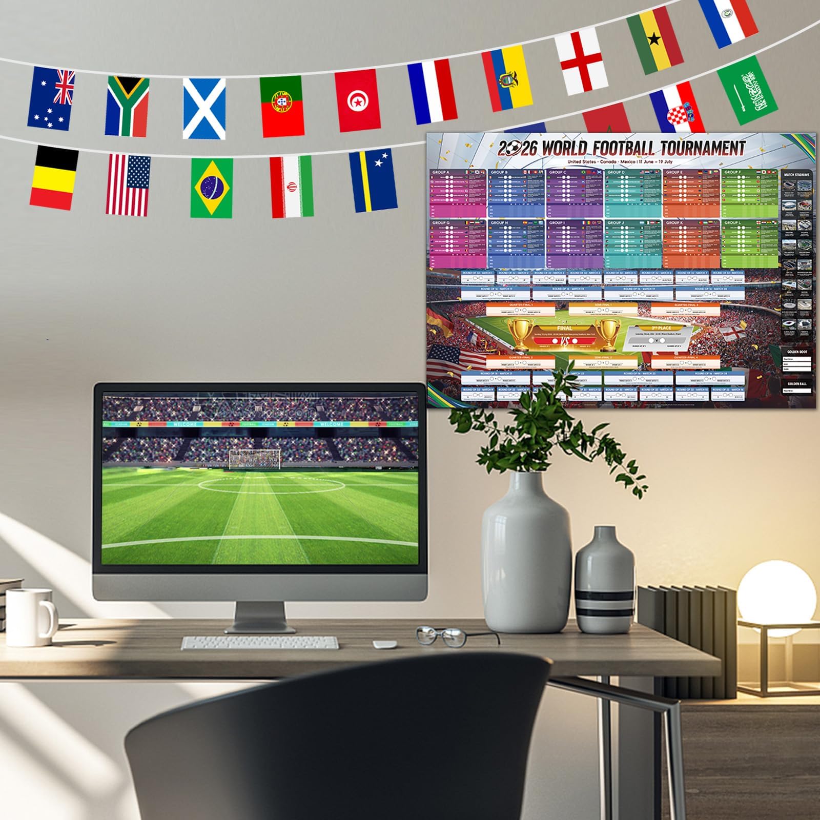 AhfuLife Banderines de 2026 Fútbol de la Copa del Mundo y Póster de Calendario, 14x21cm-15m Banderines de Mundo, Póster de Calendario 100x70cm, Decoración para la Copa Mundial, Fútbol y Fiestas - 5