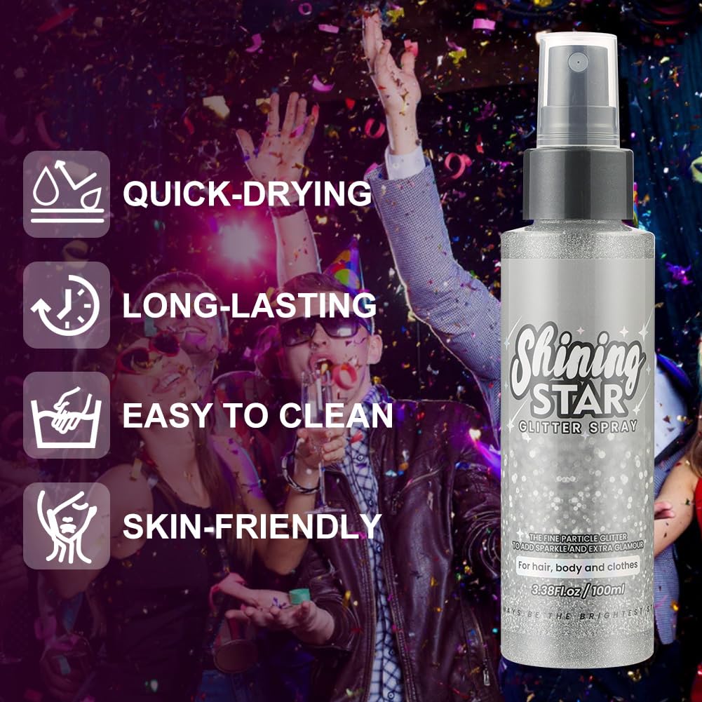 LOPHE Spray Brillantini Glitter, Glitterato Spray per Corpo Viso, Brillantini Corpo Vestiti per Capelli, Ultra Fine, Body Shimmer per Festival di Halloween, Club, Feste (100ml, Argento)