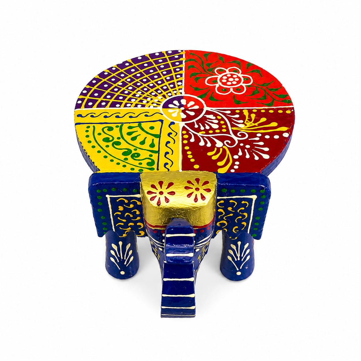 Sky Craft Hand Painted Wooden Elephant Stool | Decorative Mini Side Table & Chowki | Solid Wood Rajasthani Handicraft for Home Decor & Gifts | 6x6x4 Inch-image-12