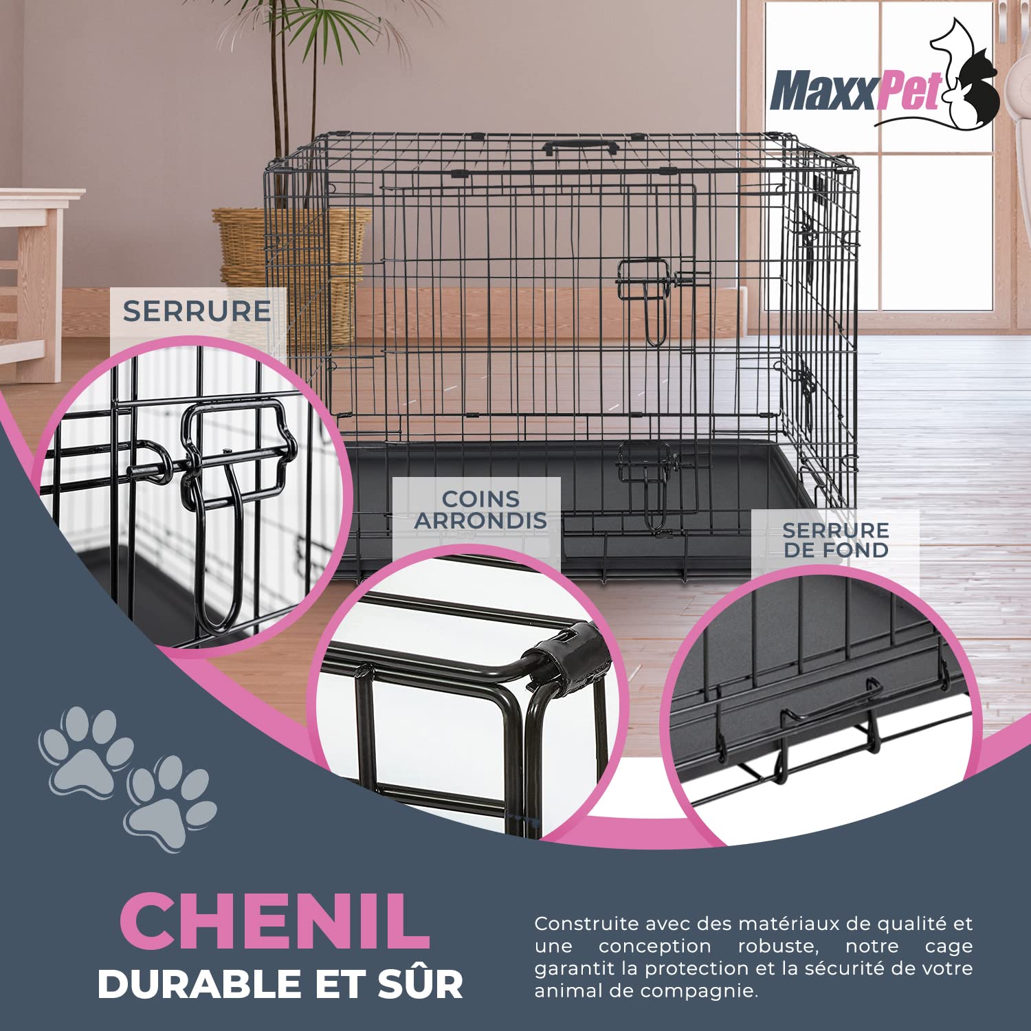 MaxxPet Metal Cage de Chien - Caisse de Transport pour Chien - Cage Chien XXL avec 2 Portes - INCL.Plaid et Gamelle - Interieur, Dog Crate Voiture - Cage Pliable Chien - 107x71x76 cm - Noir