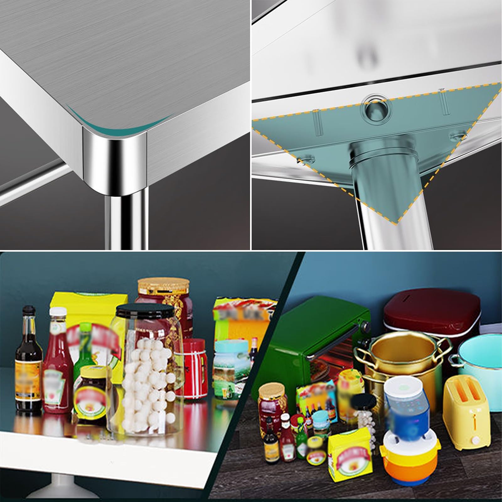 Banco da lavoro in acciaio inox ispessito, tavolo da cucina rotondo commerciale con ripiano portaoggetti multistrato, piedini regolabili in metallo massiccio, ideale per uso domestico e ristorante