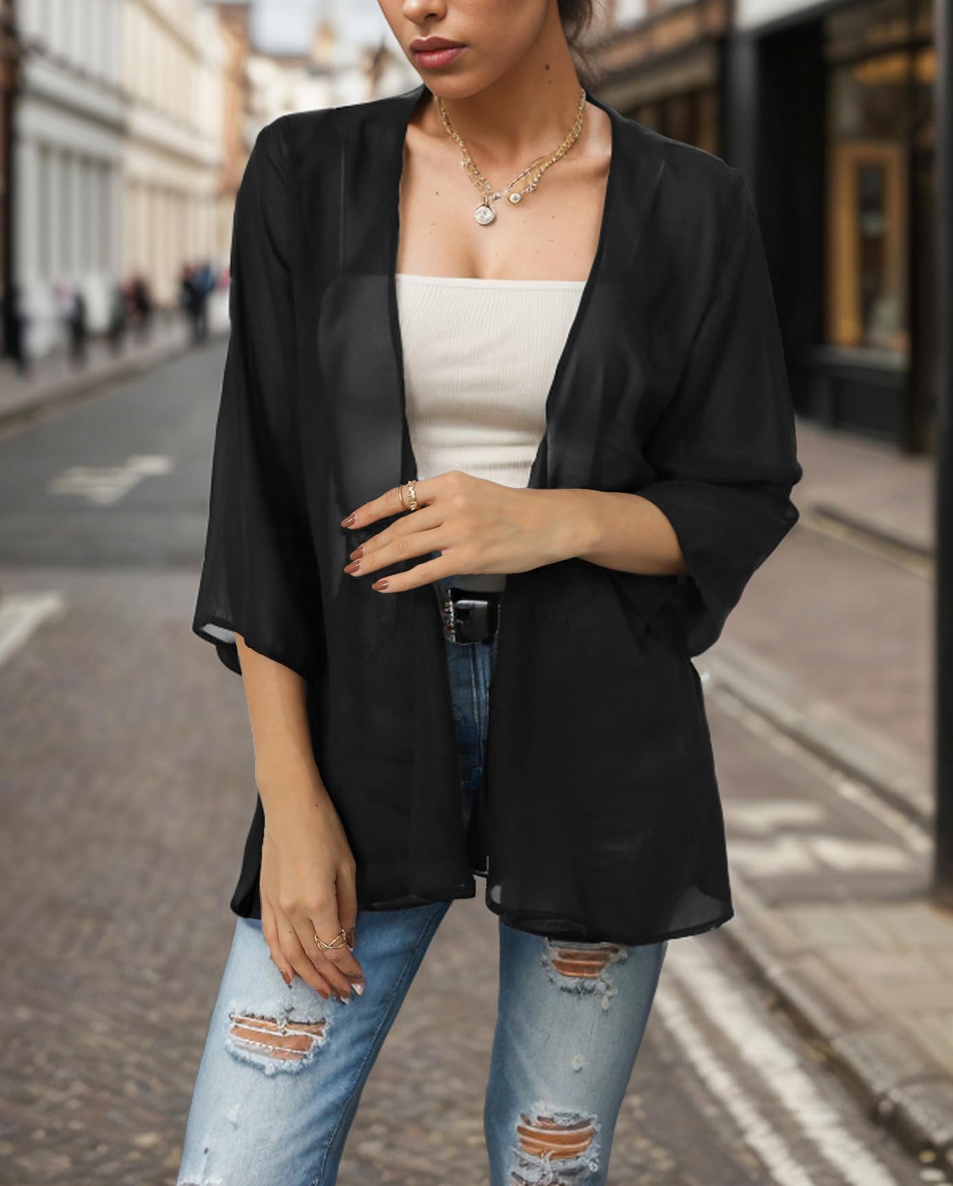 Cardigan kimono en mousseline transparente pour femme ouvert sur le devant - Capes châle