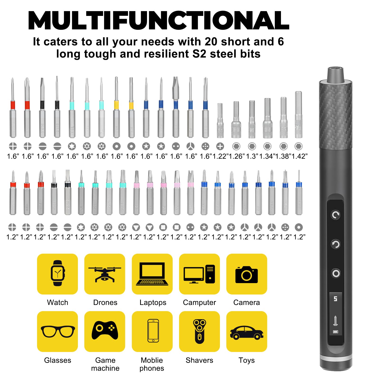 Elec-71 en 1 Tournevis de précision sans fil avec lumière LED, 5 réglages de couple (max 0,6 N·m), 42 embouts magnétiques, kit d'outils de réparation pour ordinateur portable, téléphone (Elec