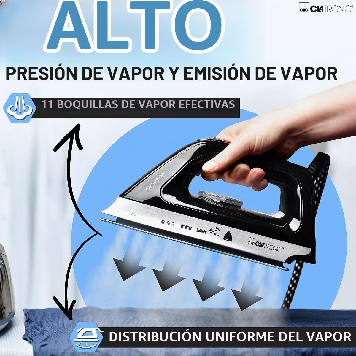 Centro de planchado a vapor Clatronic con plancha de vapor | 3,5 bar | plancha de vapor con suela Superglide y depósito de agua de 1,2L | 80 min. de autonomía | 2400W | con sistema antigoteo |DBS 3749