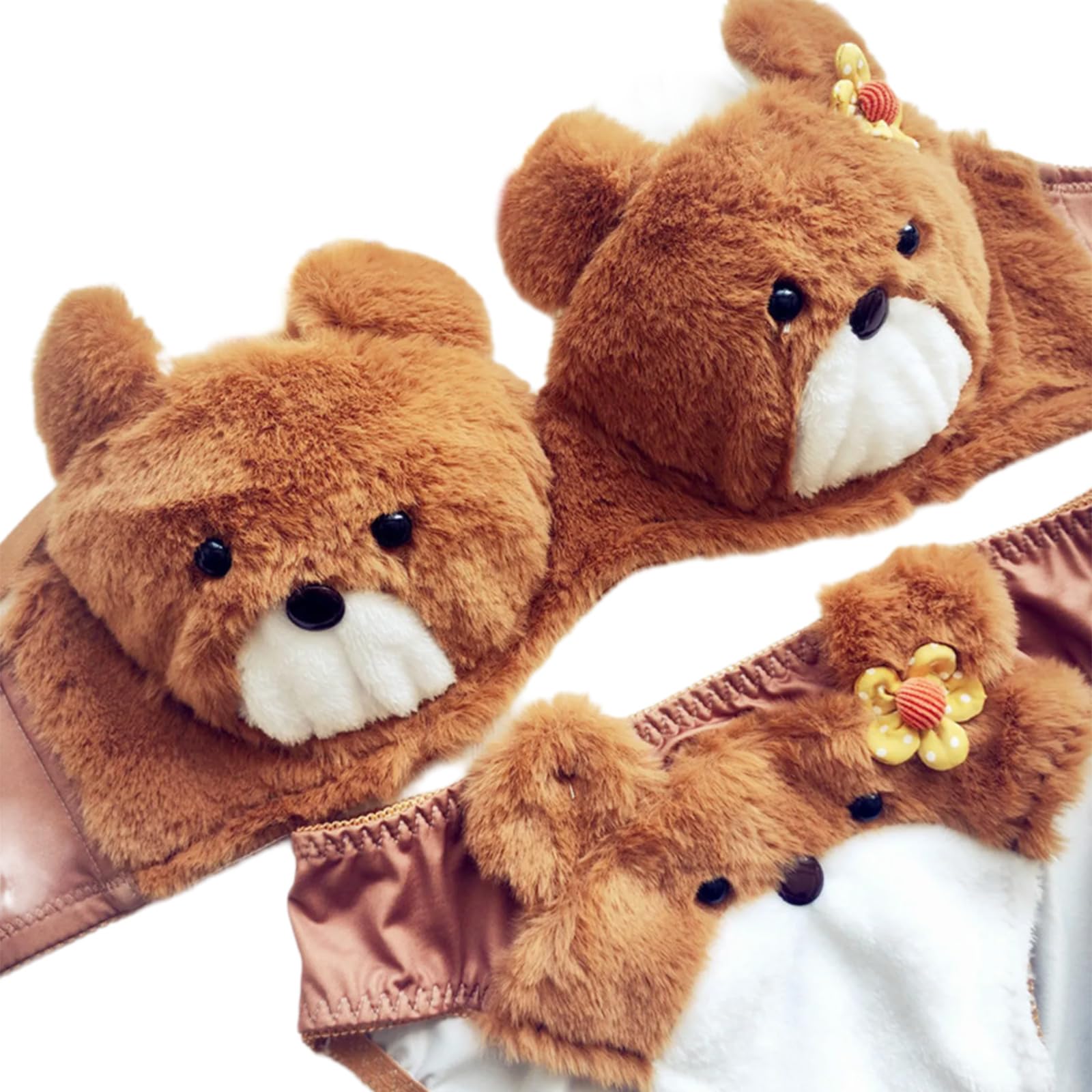 BELOWSYALER Women Lovely Plush Bra Panty Set Funny Bear Bra Panties Set Cartoon Plush Underwear Soft Student Girls Lingerie Set